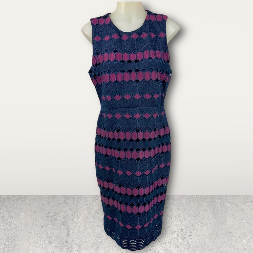 CALVIN KLEIN COLLECTION Sheath Dress Navy Maroon Sleeveless Scalloped Lined